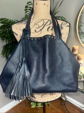 Laggo Pebbled Navy Leather Tassel Tote